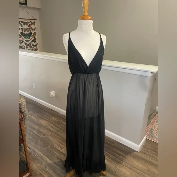 Vintage Sheer Black Maxi Nightgown Deep V Spaghetti Strap Long Chemise L - Picture 1 of 9
